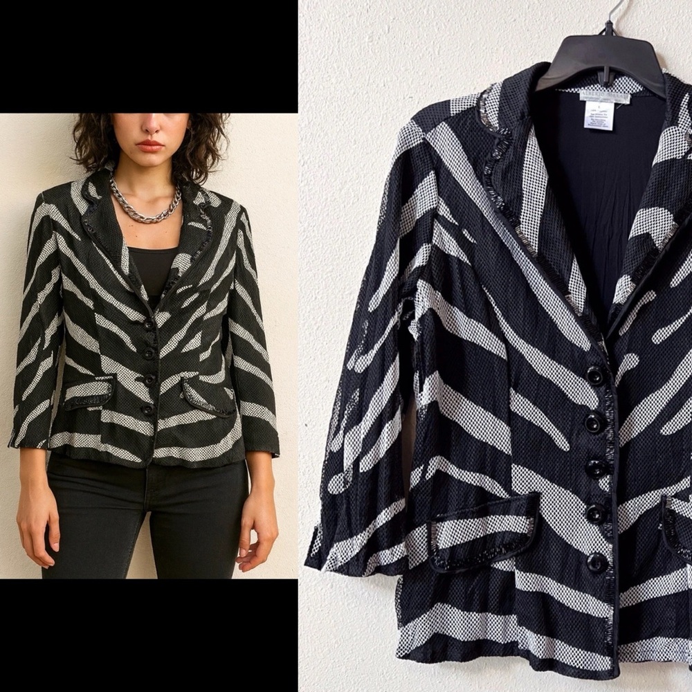 Alberto Makali Blazer Jacket Womens Size Large Black White Mesh Beaded Button Up
